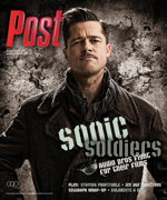 Brad Pitt with a mustache and wearing a dark coat, looking to the side with a serious expression. The word "Post" is in large