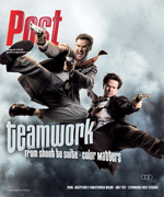 Two men in suits jump through the air with guns drawn. Text reads "Post" and "teamwork".