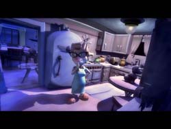 An animated character stands in a dimly lit kitchen with white cabinets and a refrigerator.