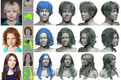 Grid showing real photos of people alongside their 3D digital hair models from multiple angles.