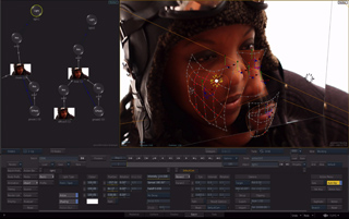 A software interface showing a person's face with a digital mesh overlay and a node-based workflow graph.