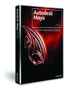 Software box for Autodesk Maya 2009 10th Anniversary Edition with red abstract design on black background.