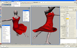A computer screen displaying 3D modeling software with a digital mannequin wearing a flowing red dress.
