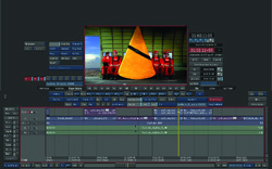 Video editing software interface displaying a timeline and a preview window of people in red suits by an orange cone.
