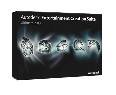 A black software box for Autodesk Entertainment Creation Suite Ultimate 2013 with silver abstract logos.
