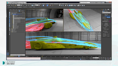 3D modeling software interface displaying wireframe and textured views of a futuristic vehicle model.