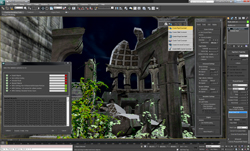 A digital workspace showing a 3D render of stone ruins with greenery and various software tool menus.