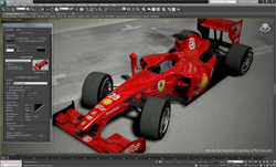 3D digital model of a red Formula 1 racing car inside a computer modeling software interface.