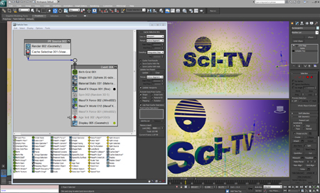 Software interface showing a node graph on the left and two versions of a Sci-TV logo render on the right.