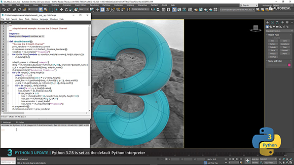 Autodesk Maya interface displaying a blue 3D number 3 and a window containing Python code.