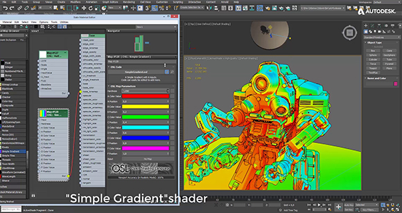 A 3D software interface displaying a robot model with a multi-colored gradient shader and code parameters.