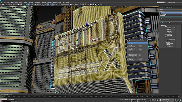 A 3D modeling interface showing a wireframe mesh of a futuristic building with 'BUILD X' text.