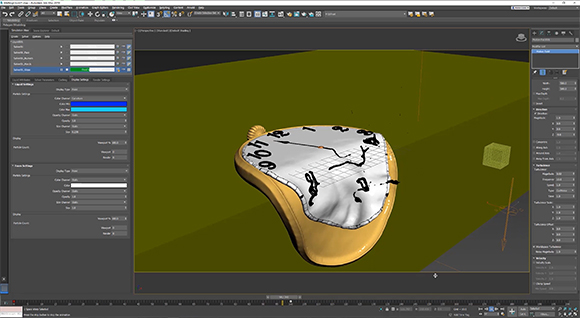 A 3D modeling software interface displaying a yellow, distorted clock object on a green plane.