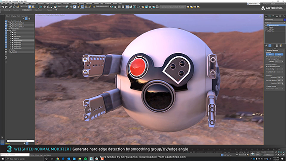 A spherical white robot with black facial features set against a desert landscape in a 3D modeling program.