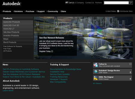 Autodesk website interface with a dark theme and a futuristic blue and gold cityscape banner.