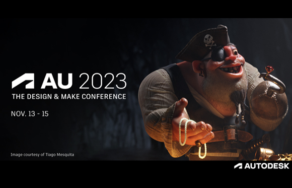 A 3D pirate character with an eye patch and beard reaches toward the viewer next to AU 2023 event text.