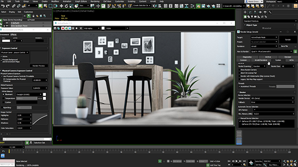 A computer screen showing a 3D modeling software with a rendered image of a modern room.