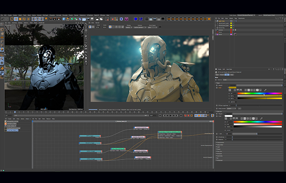 A digital workspace displaying a 3D character model in two different lighting and texture stages.