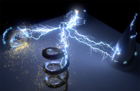 Blue electrical arcs discharge between metallic rings and a dark cone on a reflective surface.