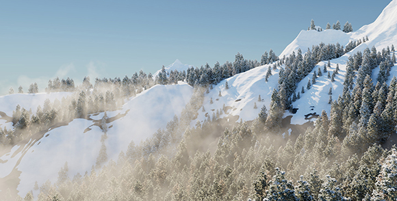 Snowy mountain slopes with evergreen trees partially obscured by low-lying mist under a clear blue sky.