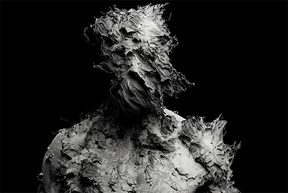 A black and white sculptural figure with a highly textured, frayed, and organic surface.