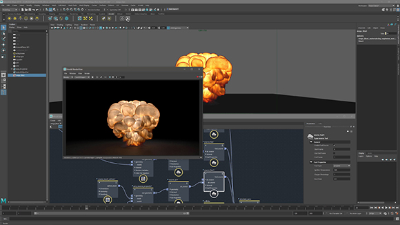 A 3D software interface showing a glowing, golden fluid simulation in a viewport and a node editor.