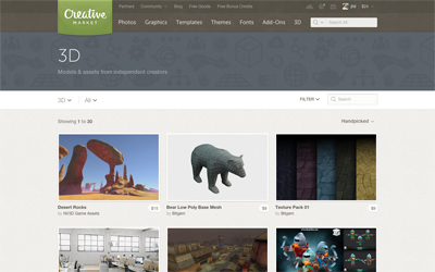 Creative Market website interface showing a selection of 3D models including desert rocks, a bear mesh, and textures.