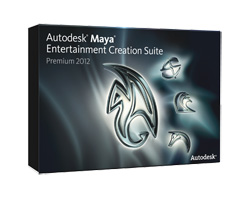 Autodesk Maya Entertainment Creation Suite Premium 2012 software box with abstract silver graphics.