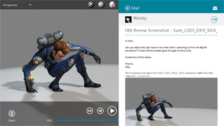 A 3D character in a blue suit crouches on a gray background next to an email interface.