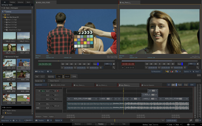 Video editing software interface with video preview windows, a timeline, and file libraries.