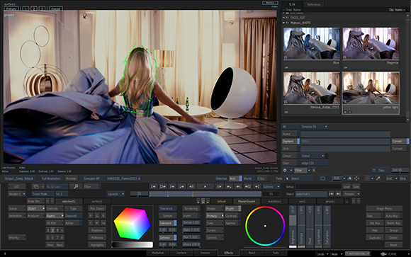 Video editing software interface showing a woman in blue fabric and various timeline and color grading tools.