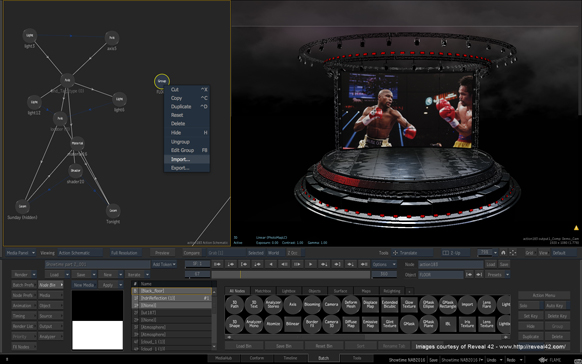 Split screen showing a node-based graph on the left and a 3D rendered boxing ring scene on the right.