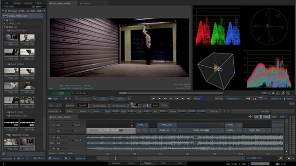 A complex video editing software interface with multiple windows, timelines, and color-coded data visualizations.