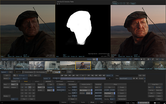 Video editing software interface displaying a man's portrait, a white silhouette mask, and a color-graded result.