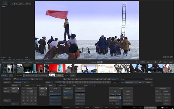 Video editing software interface showing a film scene of people standing in water near a man with a red flag.