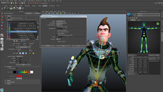 Interface of 3D animation software displaying a rigged cartoon character and technical control panels.