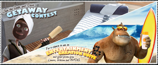 Animated characters in a spa setting and at a beach with text about an Entertainment Creation Suite contest.