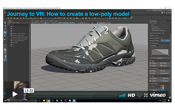 A 3D low-poly model of a gray sneaker displayed within the Autodesk Maya software interface.