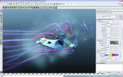 3D simulation showing purple and blue airflow streamlines around a light blue vehicle.