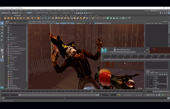 A 3D character model in a dark setting displayed within the Autodesk Maya software interface.