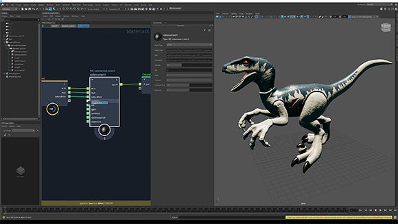 3D software interface displaying a node graph on the left and a raptor-like dinosaur model on the right.