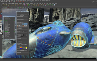 A 3D modeling software interface displaying a blue wireframe spacecraft in a rocky landscape.