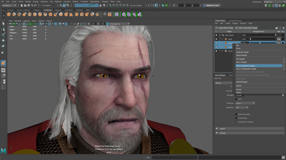 Close-up of a 3D character model with white hair and scars in a digital sculpting software interface.