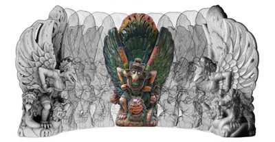 A colorful central winged deity figure surrounded by multiple translucent, grayscale winged figures.