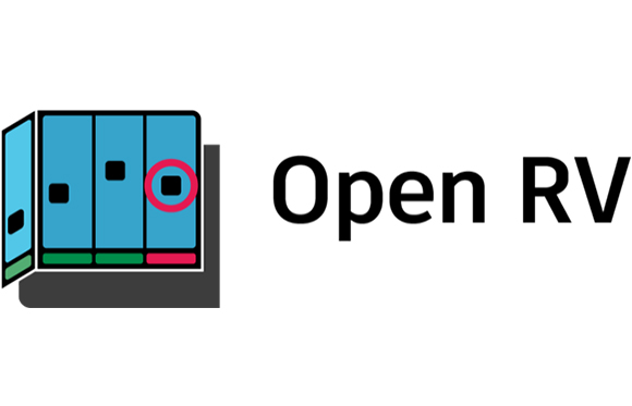 A stylized blue filing cabinet icon next to the text Open RV.