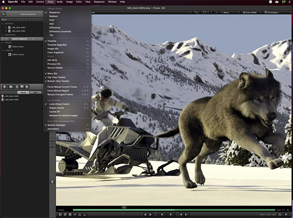 A 3D rendered wolf running through a snowy mountain landscape on a video editing software interface.