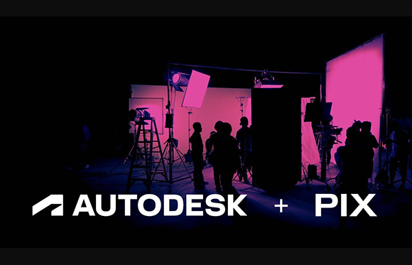 Silhouettes of a film crew working in a dark studio with bright pink backdrops and studio lights.
