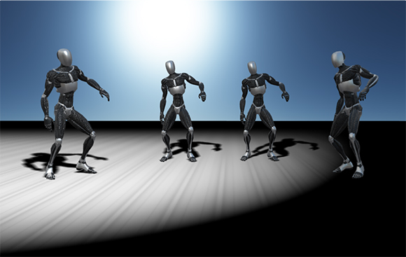 Four black and silver humanoid robots standing in various poses against a dark background with a bright light.