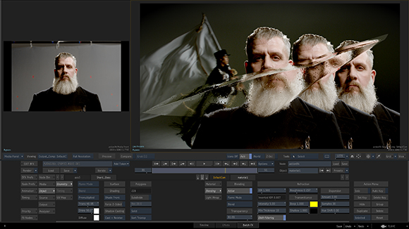 Video editing software interface displaying a portrait of a man with a white beard and a layered visual effect.