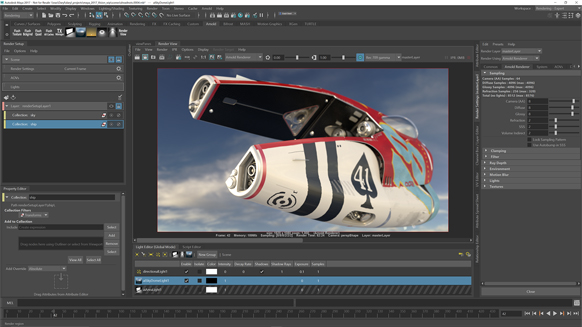 Blender software interface displaying a 3D render of a red and white stylized spacecraft against a sky background.